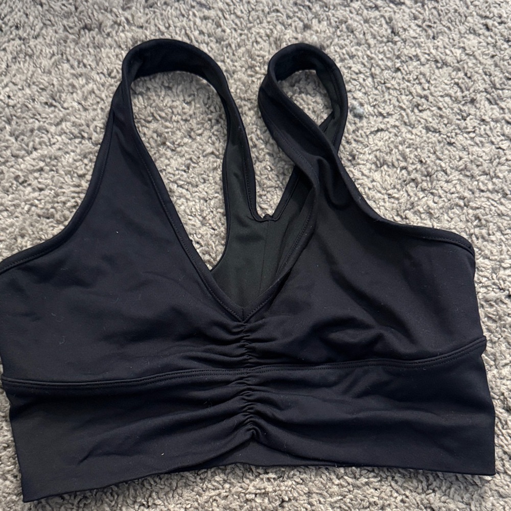 ALO Yoga Black Ruched V-Neck Sports Bra